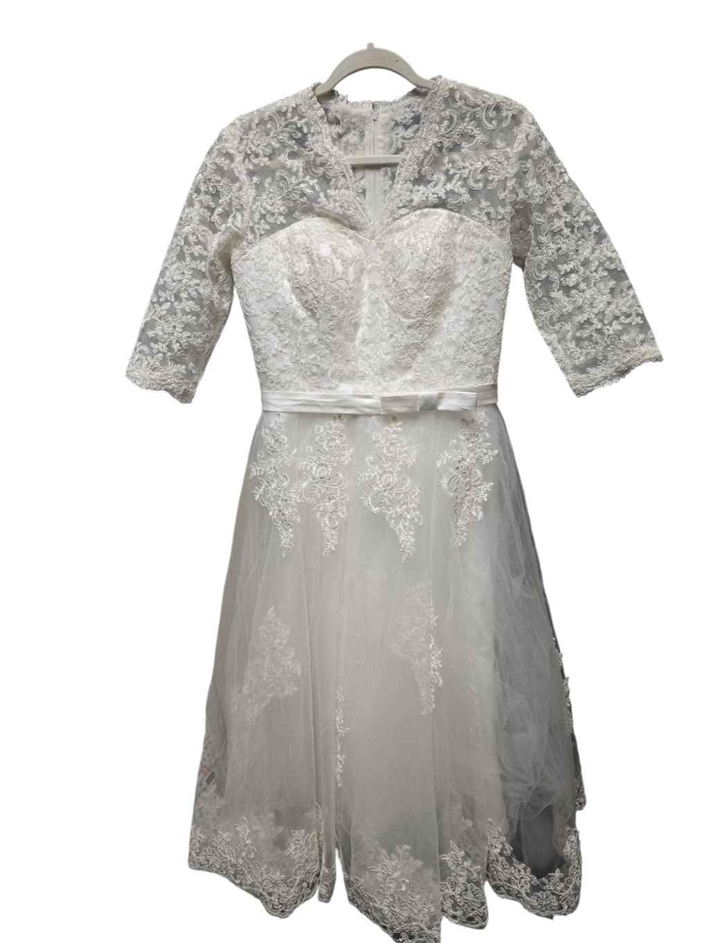 Abaowedding V Neck Lace Tea Length Wedding Dress with Quarter Sleeve Sz.10