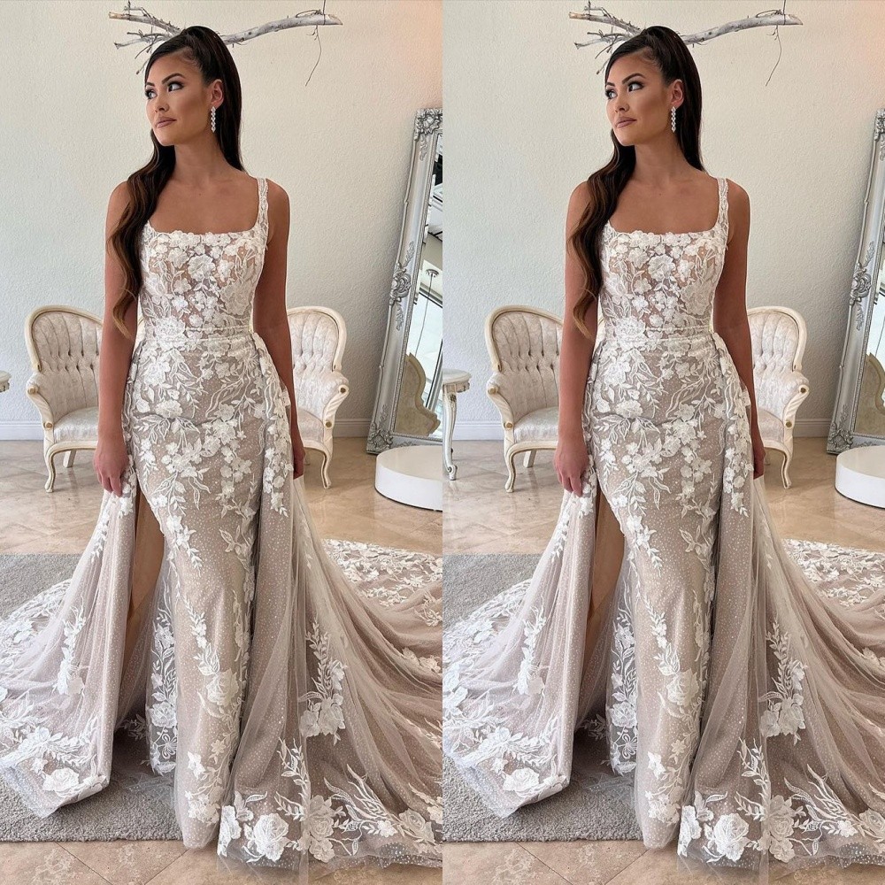 Sexy Mermaid Wedding Dresses With Detachable Train Square Neck Lace Bridal Gowns