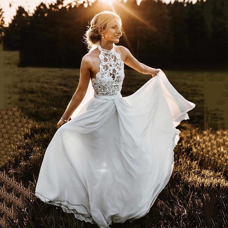 Backless Halter Neck Lace High Slit Beach A Line Bridal Gown Wedding Dress