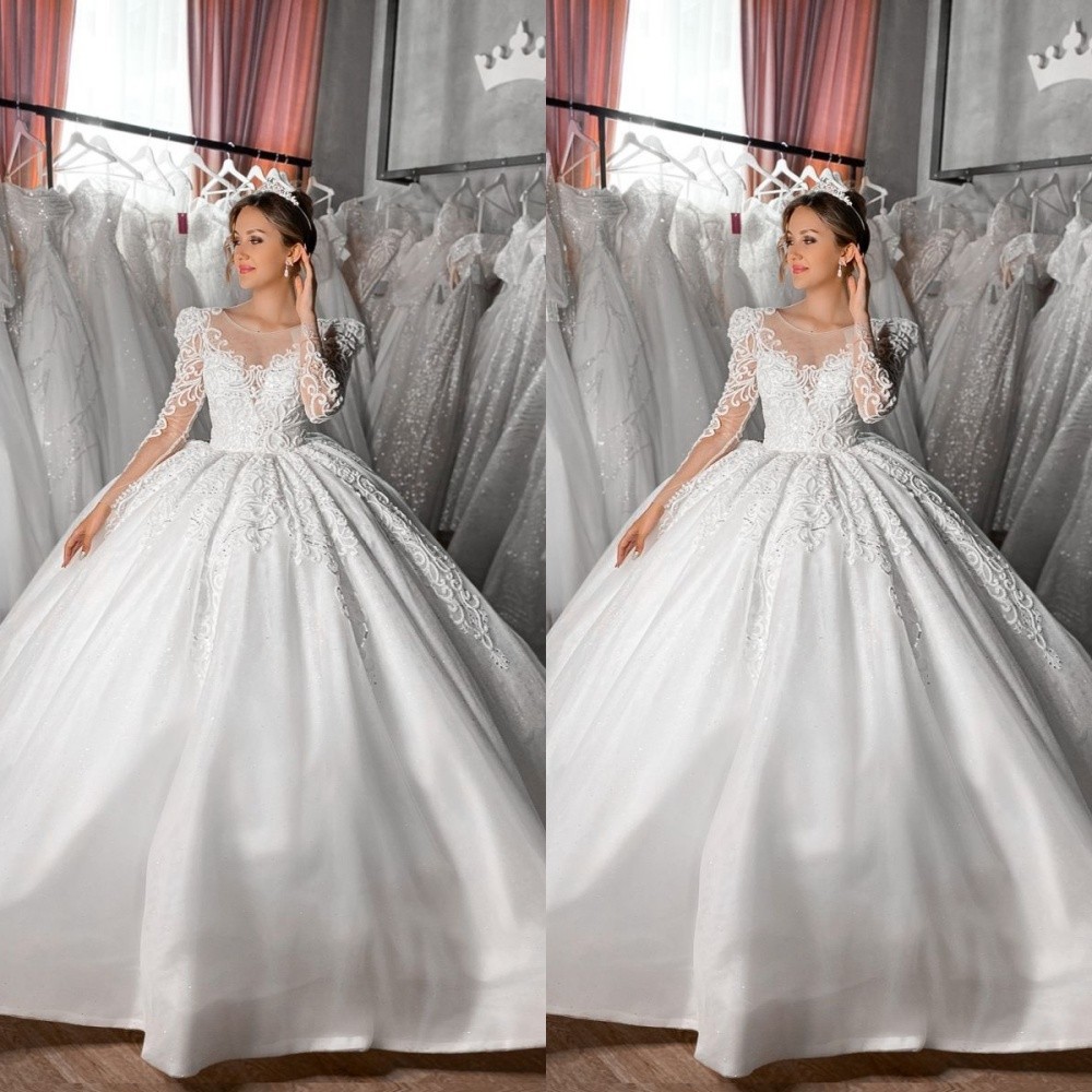 Exquisite Wedding Dresses Scoop Neck Lace Long Sleeve Sweep Train Bridal Gowns