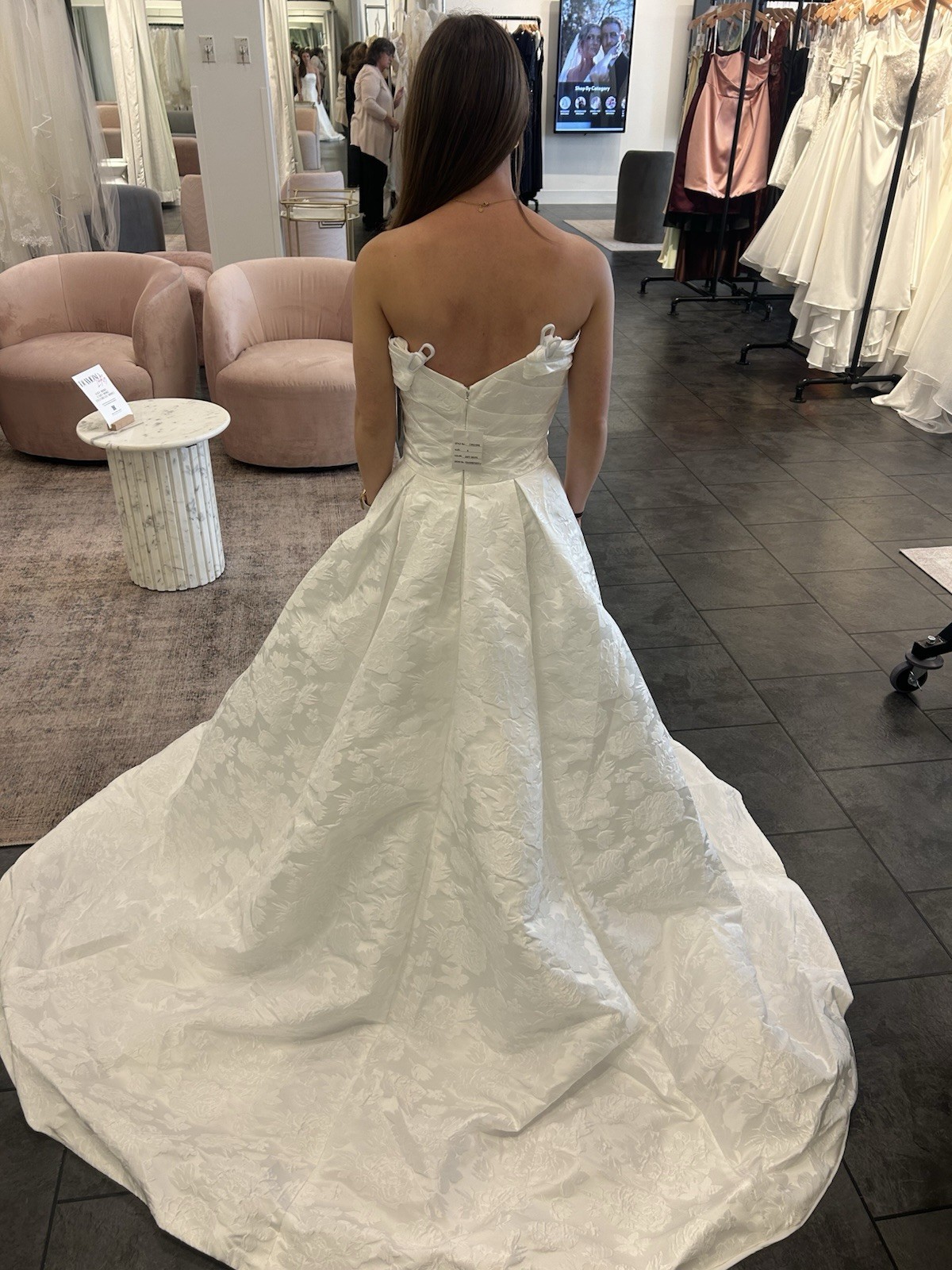 Oleg Cassini CWG1048 White Off the Shoulder Jacquard Ball Gown Wedding Dress