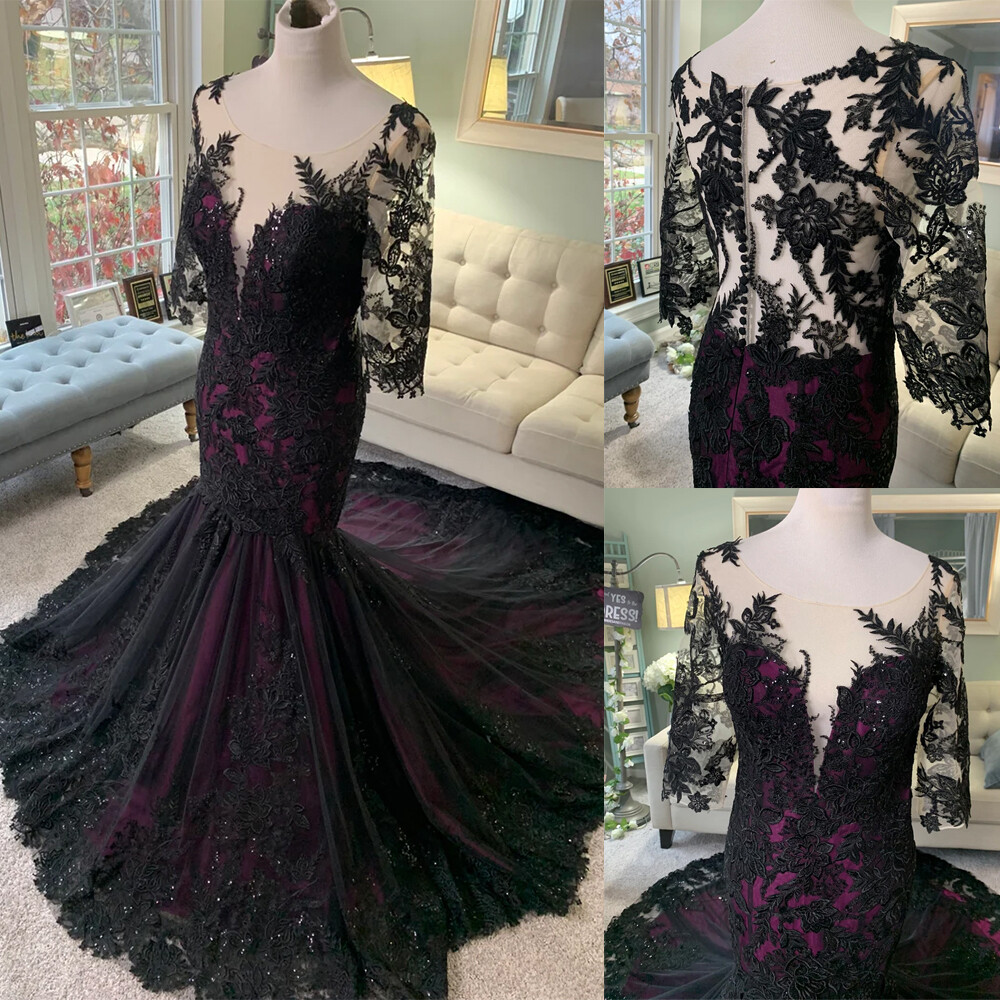 Black Purple Gothic Mermaid Wedding Dresses with Sleeves Sequin Lace Bridal Gown