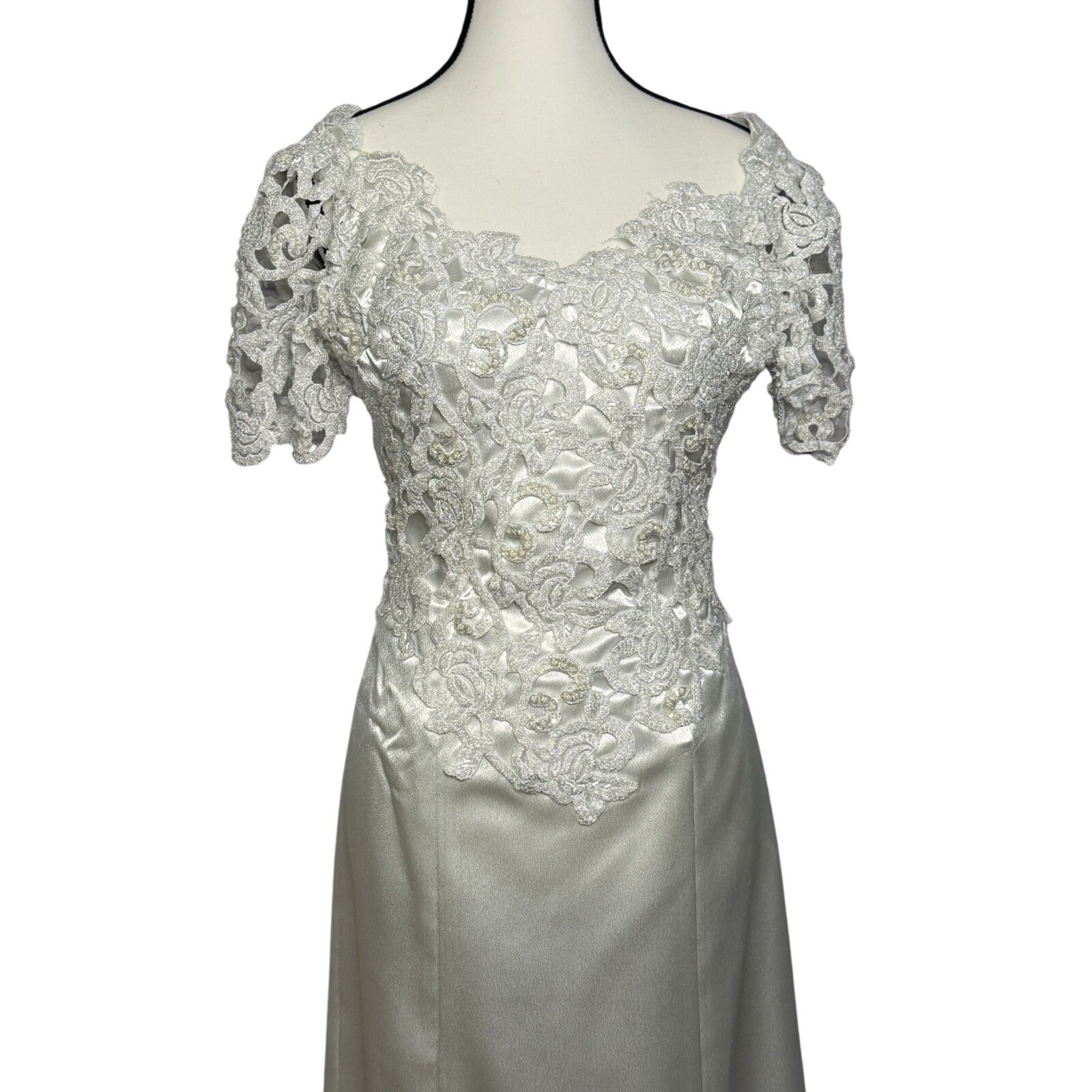 Vintage 80s/90s Hand Made Midi Beaded A line Wedding Dress Satin Romantic XS/S