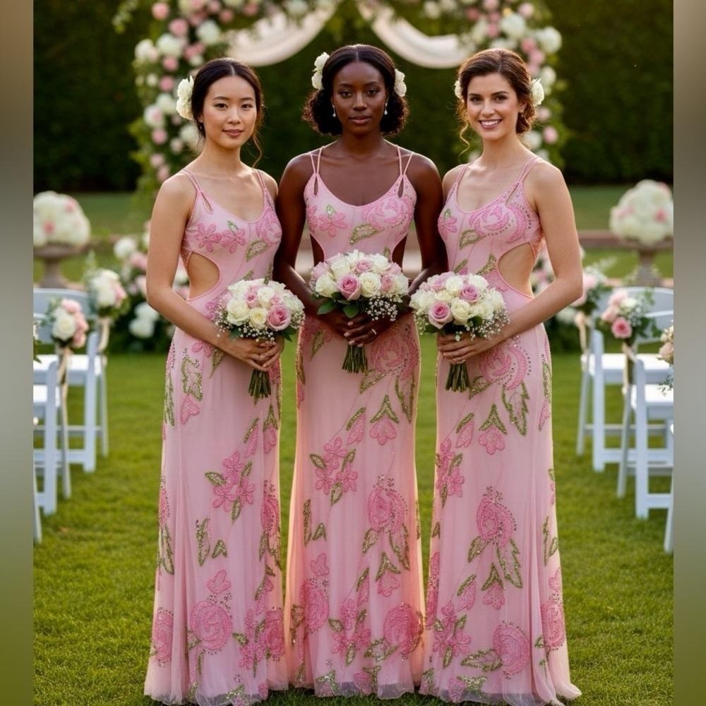 Elegant Pink Floral hand beaded Attitudes by Debra formal gown