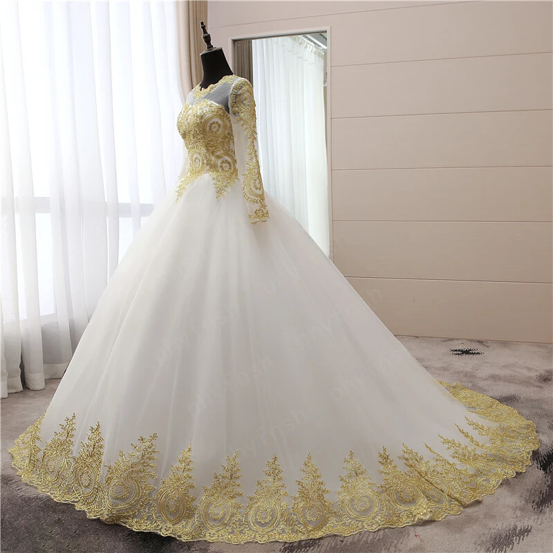 Muslim Golden Wedding Dress Round Neck Long Sleeve Lace Decal Bridal Dress