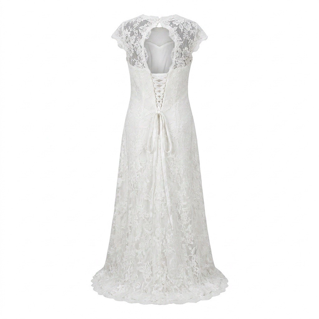 White Lace Wedding Gown Size 18 with Cinch Buttons Short Train Hem Scallop