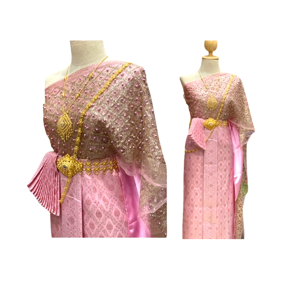 Chud Thai Traditional Wedding Dress Cloth Skirt # F Pink Lotus Accessories