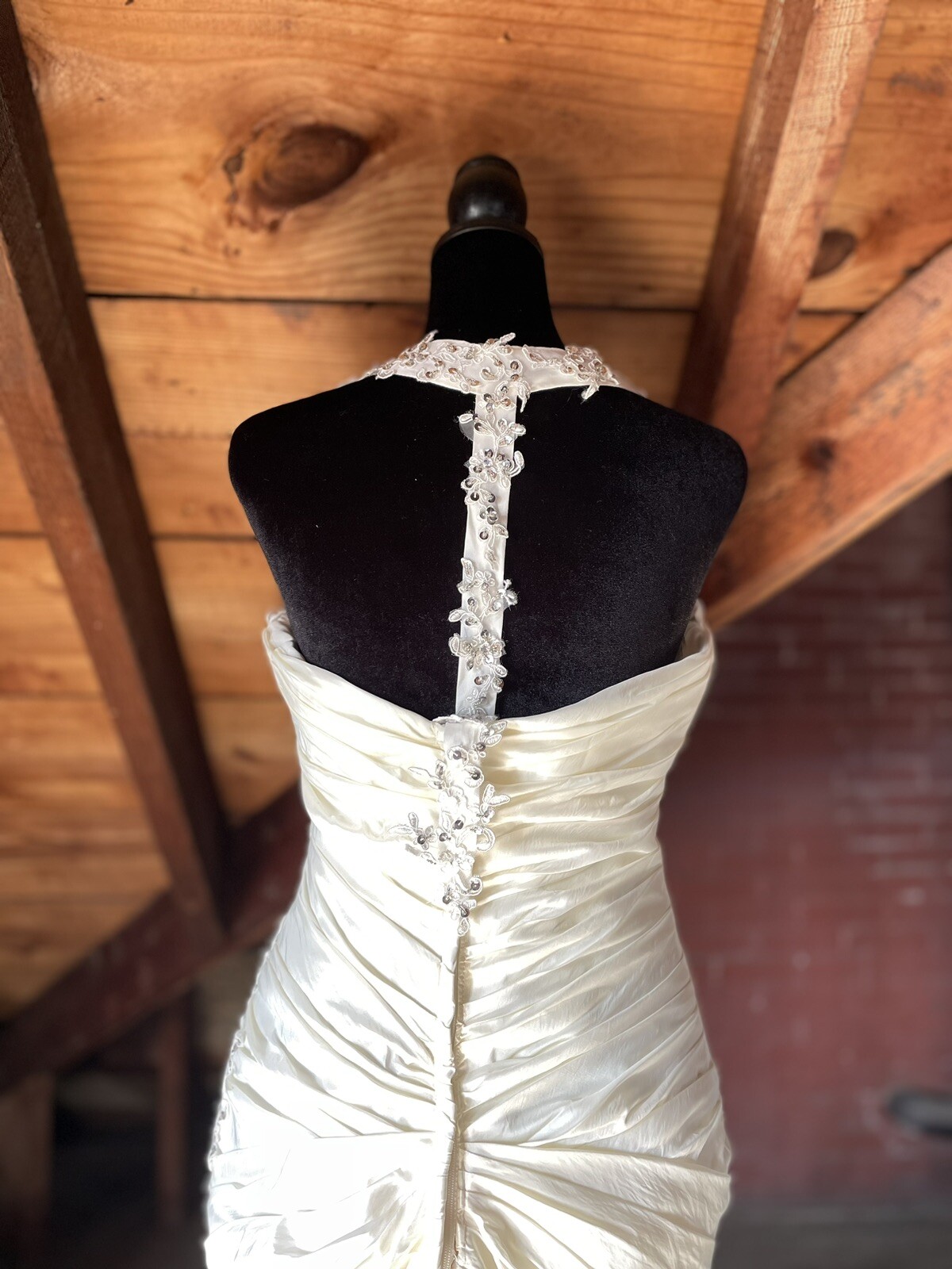 Off White or champaine color roush dress with lace straps and t shape back