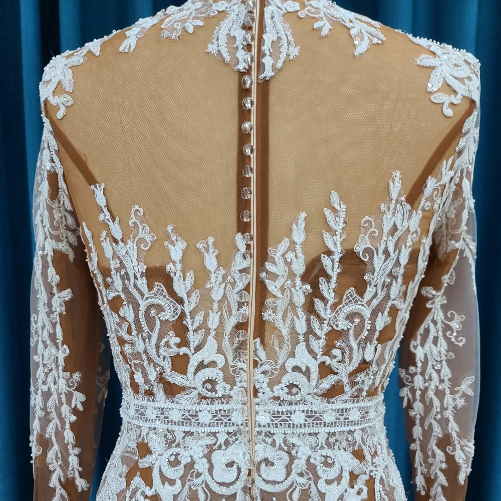 Modern Retro Long Sleeved High Neck Lace Fshtail Wedding Sequin Bead Embroidery