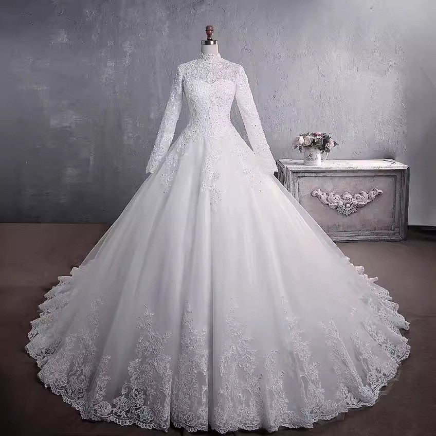 White/Ivory Lace Wedding Dresses BallGown Long Sleeve Applique BridalGown Custom