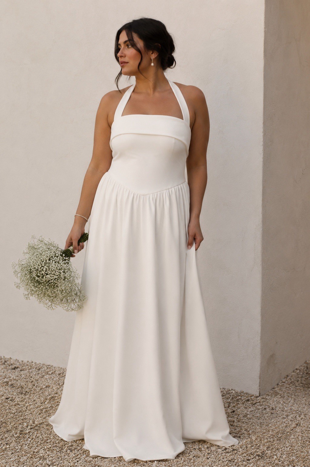 Lulus Telia Wedding Dress Sz Large White Halter Basque Waist Maxi Minimalist