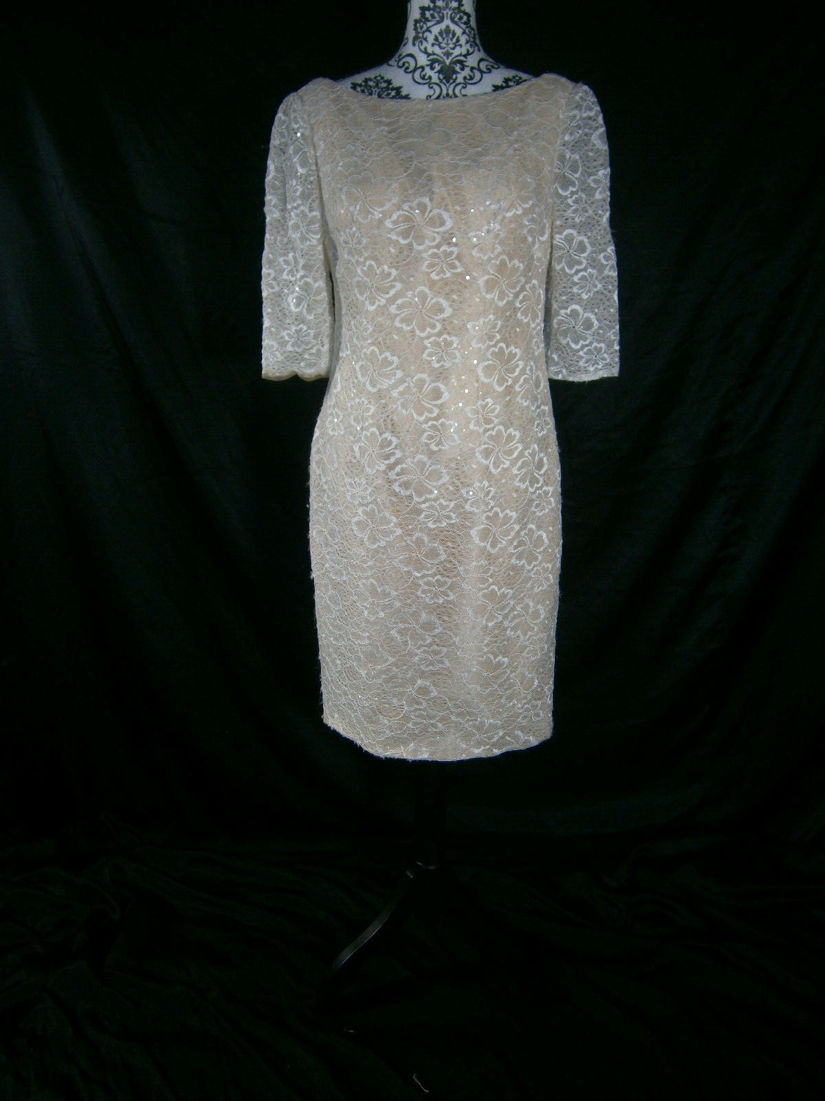 Kathy Ireland 2 Be Short Wedding Dress 12 Ivory Lace Nude Lining Elbow Sleeves