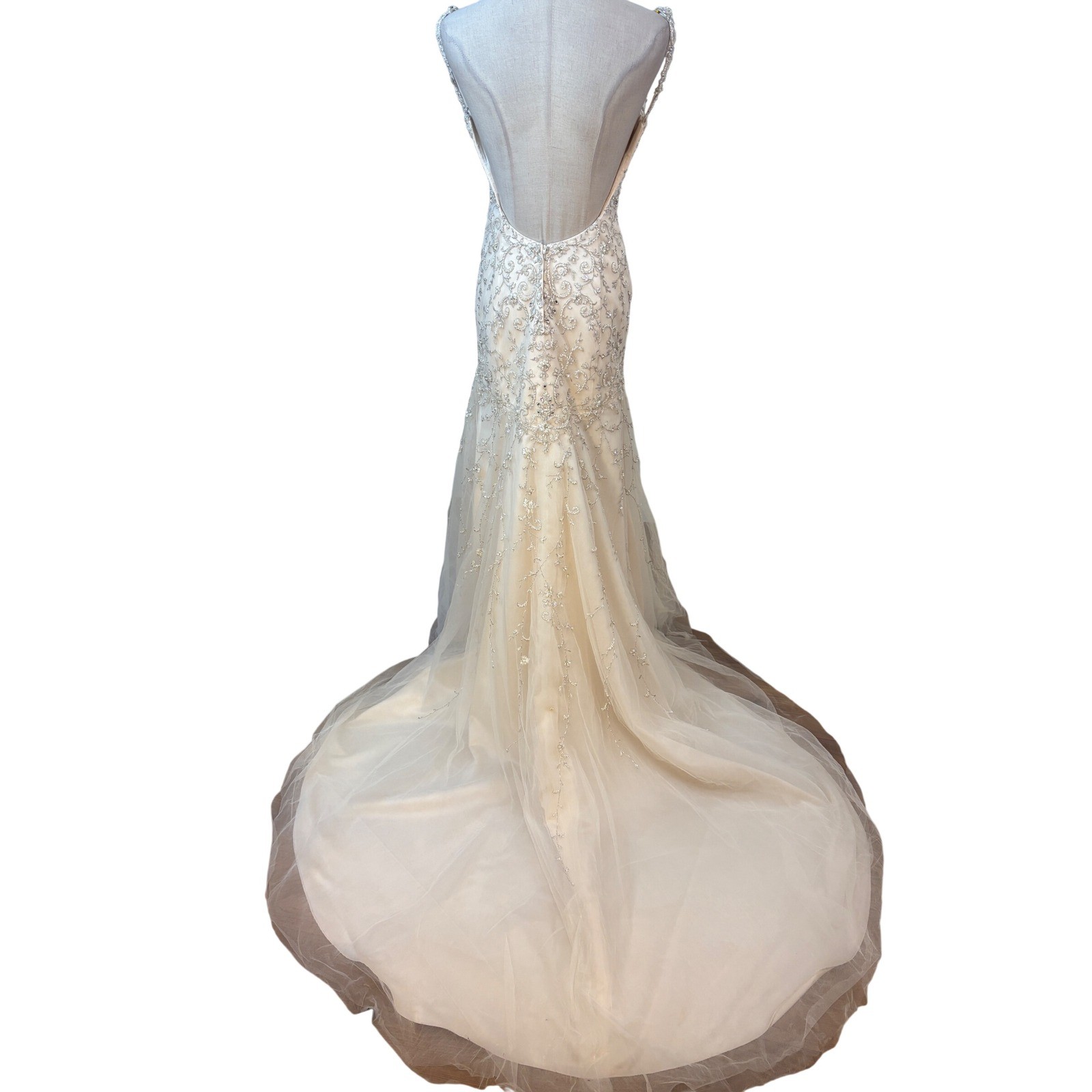 Stella York Wedding Gown 10 Champagne Mermaid Beaded Open Back train drop waist