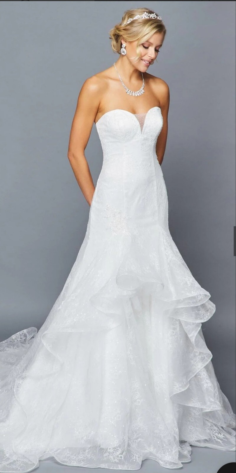 Organza Wedding Dresses Beaded Strapless Ruffles Sweep Train A Line Bridal Gowns