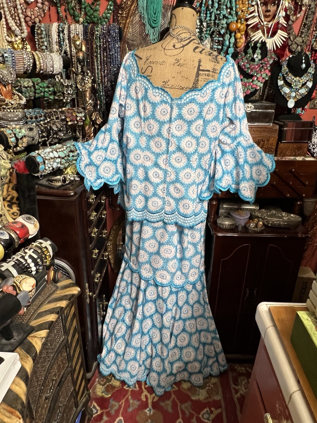 Gorgeous Vintage Handmade Crochet Lace In Turquoise & White Shirt & Top Size XXL