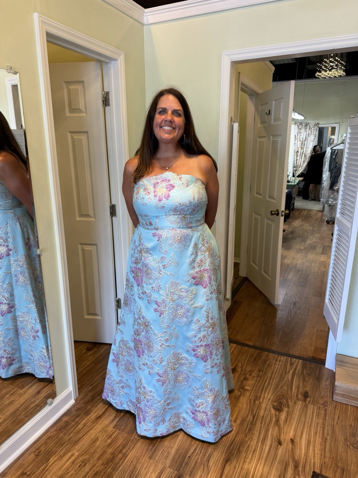 Strapless Sleeveless Blue and pink embroidered Floral Full Length A-line dress