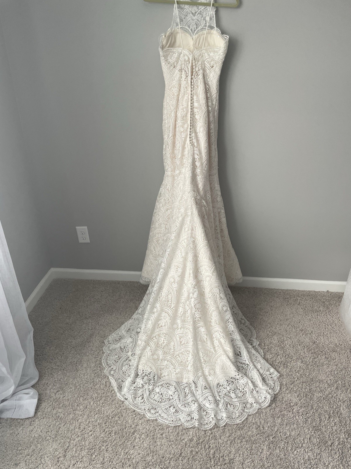 Ivory Lace Wedding Dress High Neck Thin Strap Backless Beach Boho Cottagecore