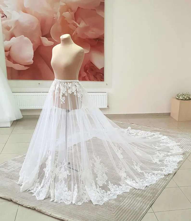 Beach Wedding Detachable Train White Ivory Lace Bridal Removable Overskirt