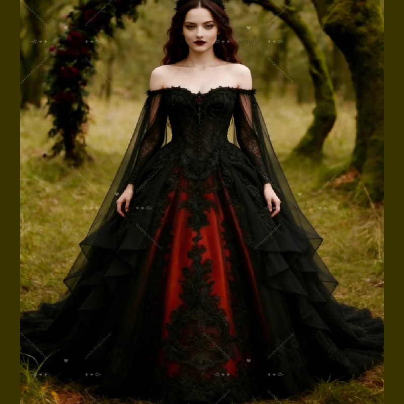Black Red Gothic Wedding Dress Ball Gown Off Shoulder Cap Sleeves Appliques Lace