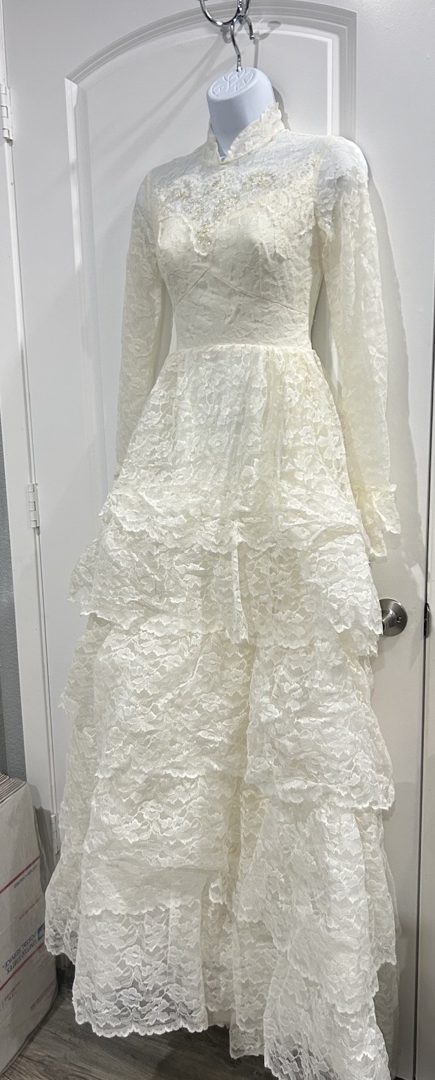 Ivory Lace Long Sleeve High Neck A-Line Wedding Dress with Beading and Ruffles