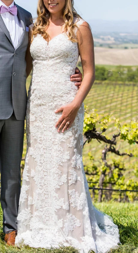 Watters Wtoo Telvanise 19101 Wedding Dress 10 Ivory Nude Lace Sheath Illusion