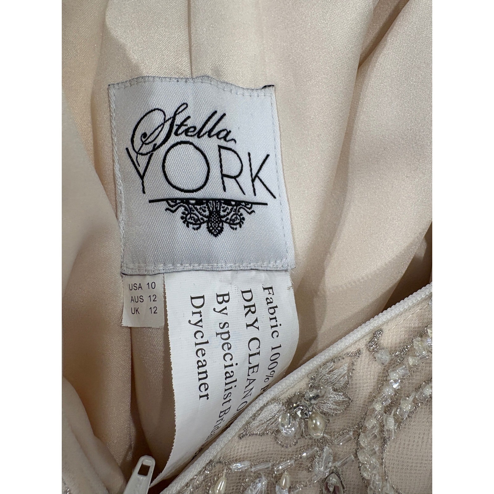Stella York Wedding Gown 10 Champagne Mermaid Beaded Open Back train drop waist