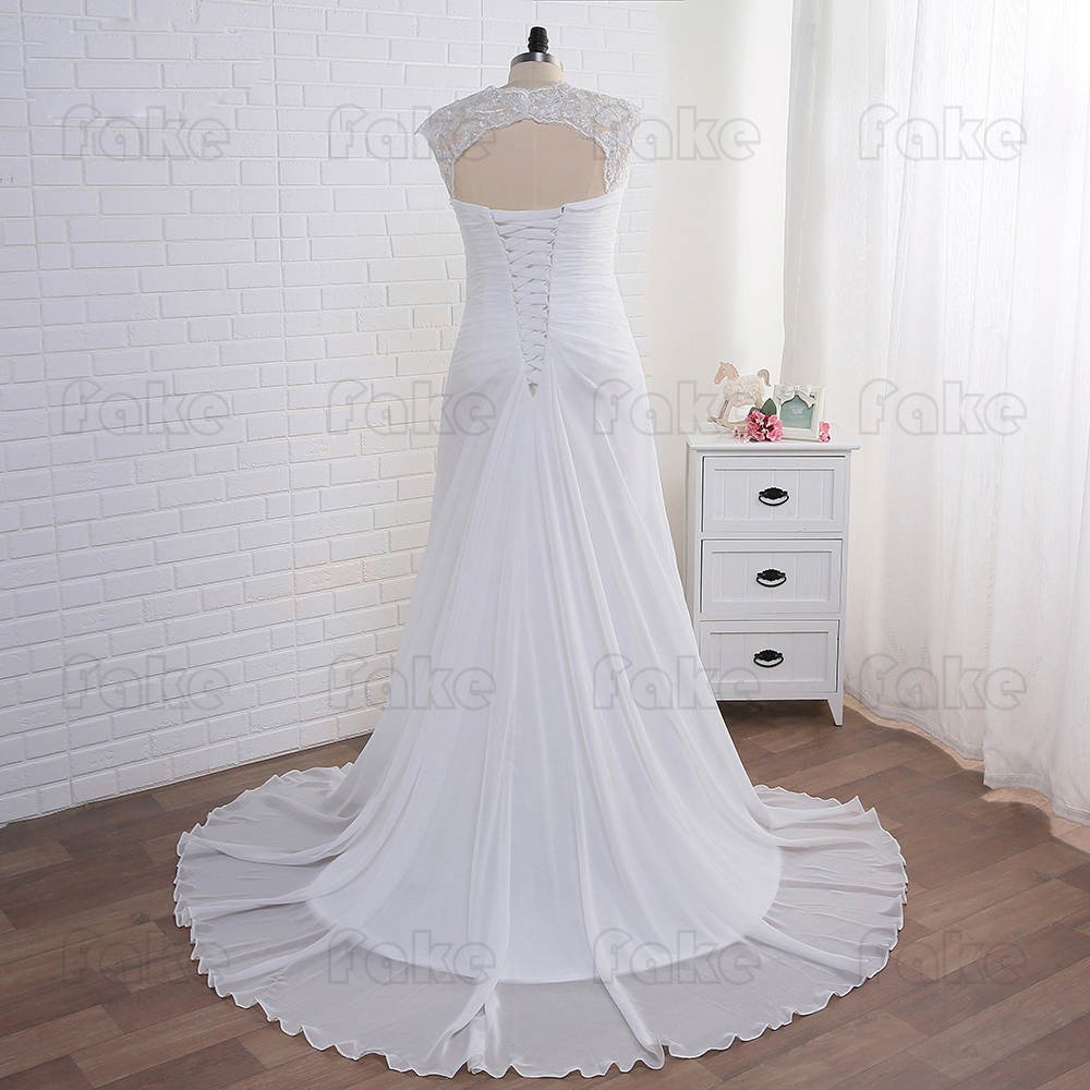 Plus Size Wedding Dresses Cap Sleeve V-neck Lace Applique Chiffon Beach Dress