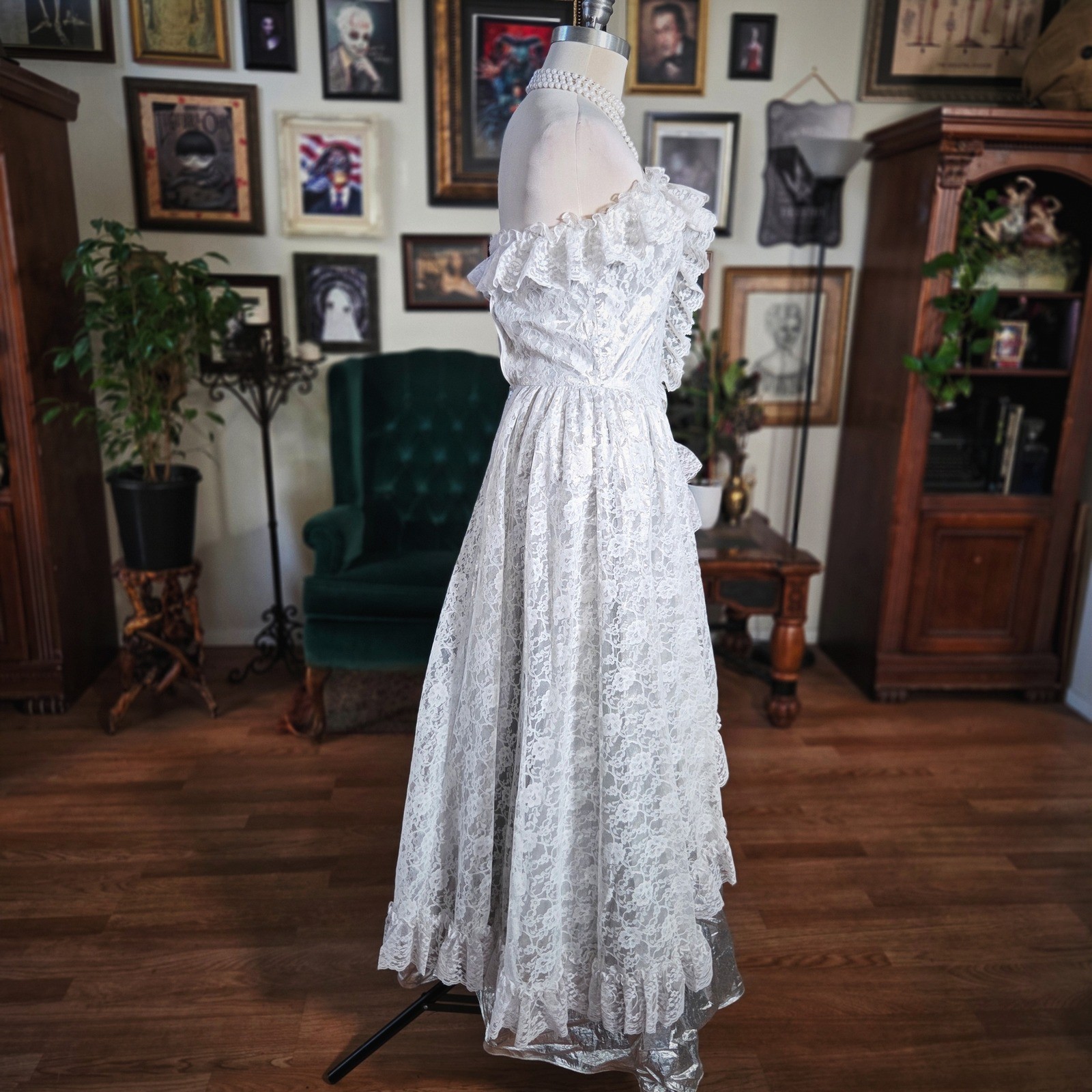 Vintage 80s Lace Off Shoulder Wedding Dress Silver Overlay Ruffles Formal Gown