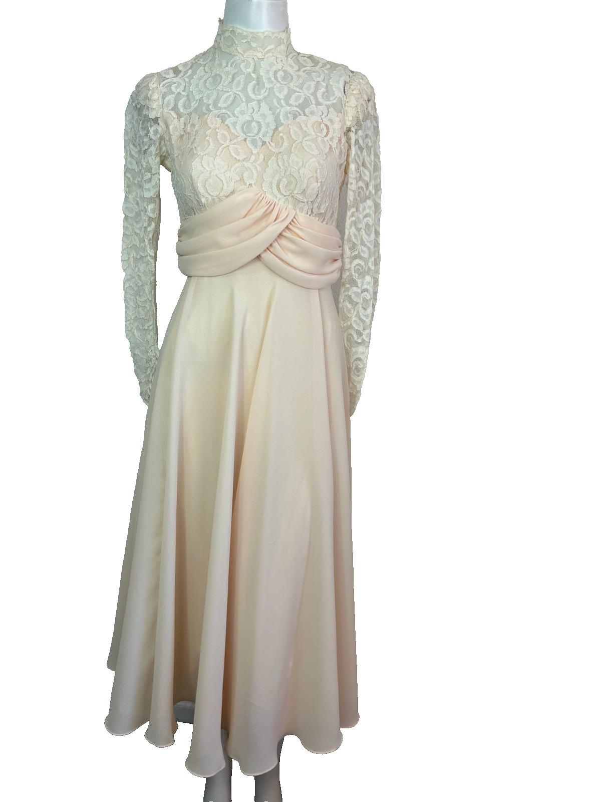 80s Ursula Switzerland Wedding Dress Size 4 Midi Peach Lace Top Chiffon VGUC