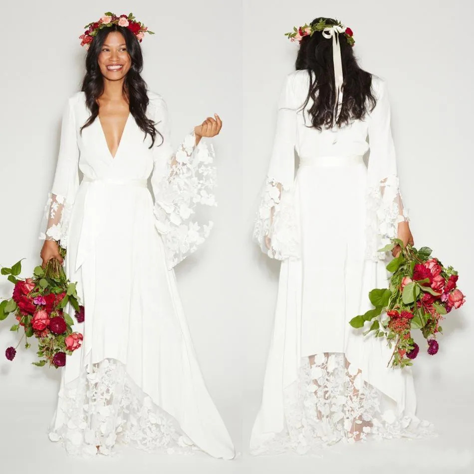 Simple Boho Beach Wedding Dresses Country Long Sleeves Deep V Neck Bridal Gowns