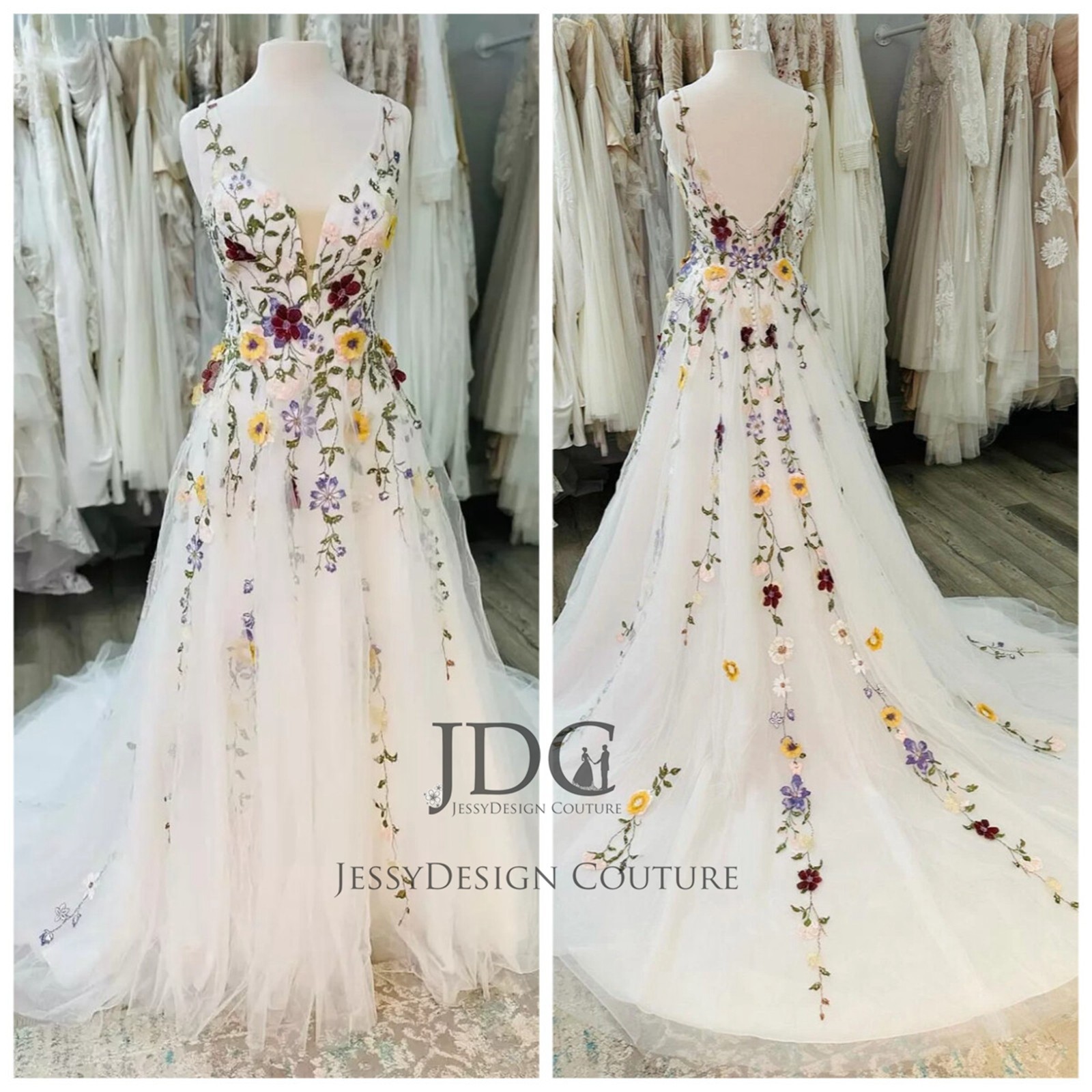 Garden Wedding Bridal Gown Custom Made 32-60 Coloured Lace Leaf Straps
