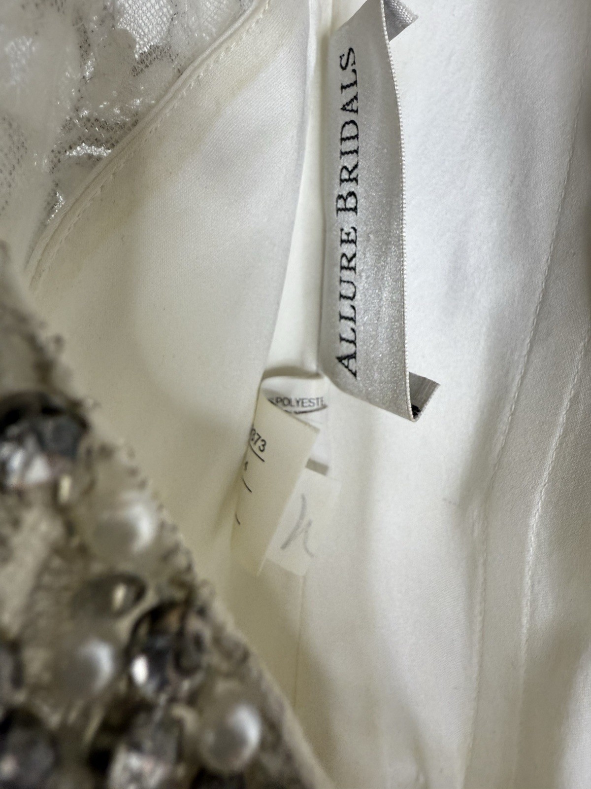 Allure Bridal Beaded Crystal Buttons Wedding Dress Ivory Silver 14 9373 Train