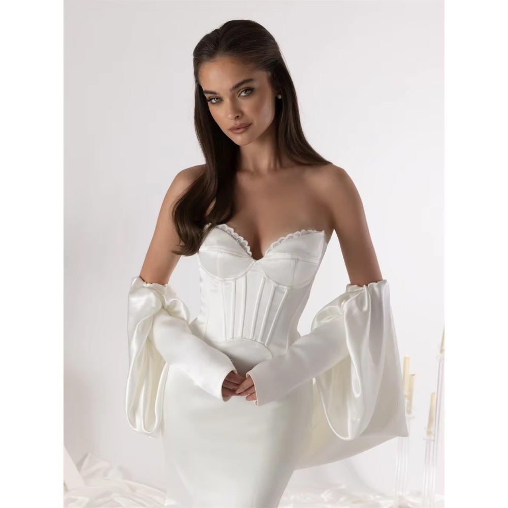 Vintage Satin Wedding Dresses Sweetheart Corset Waist Detachable Sleeve Gowns