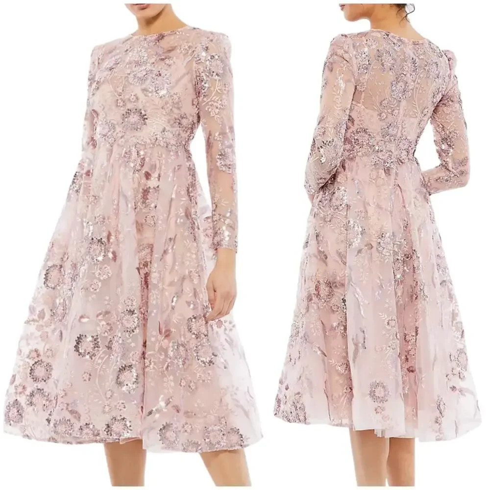 Mac Duggal ($458) Floral Embellished Long Sleeve A-Line Dress Size 8 Rose Pink