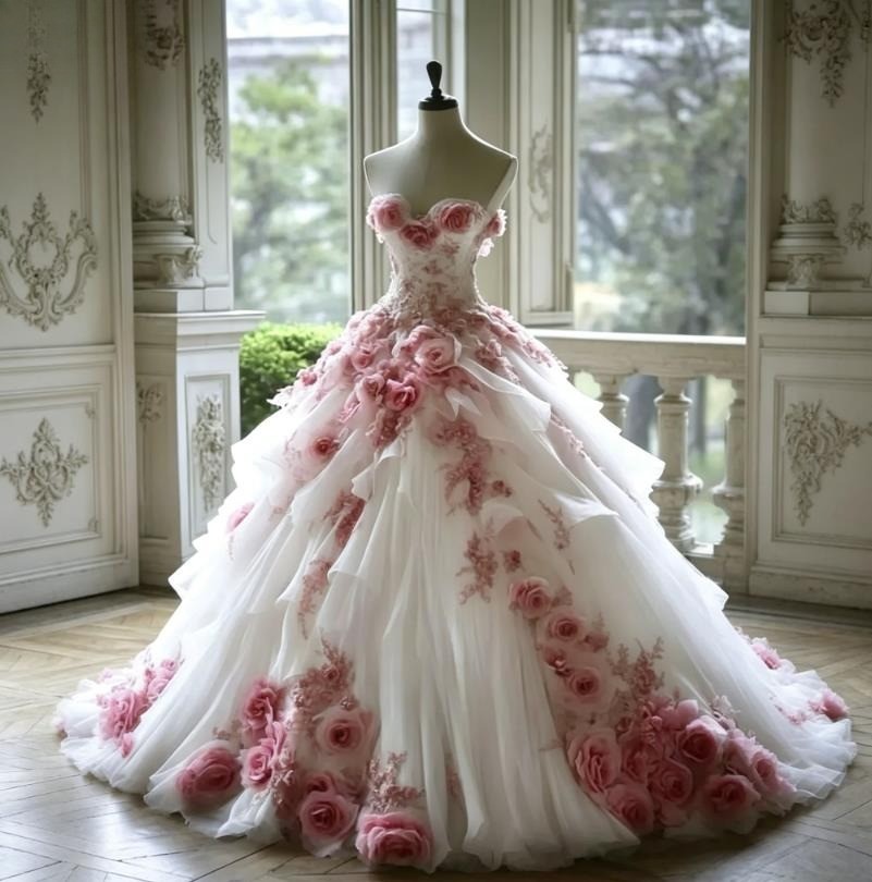 White And Pink A-Line Wedding Dresses With Pink 3D Flowers Appliques Lace