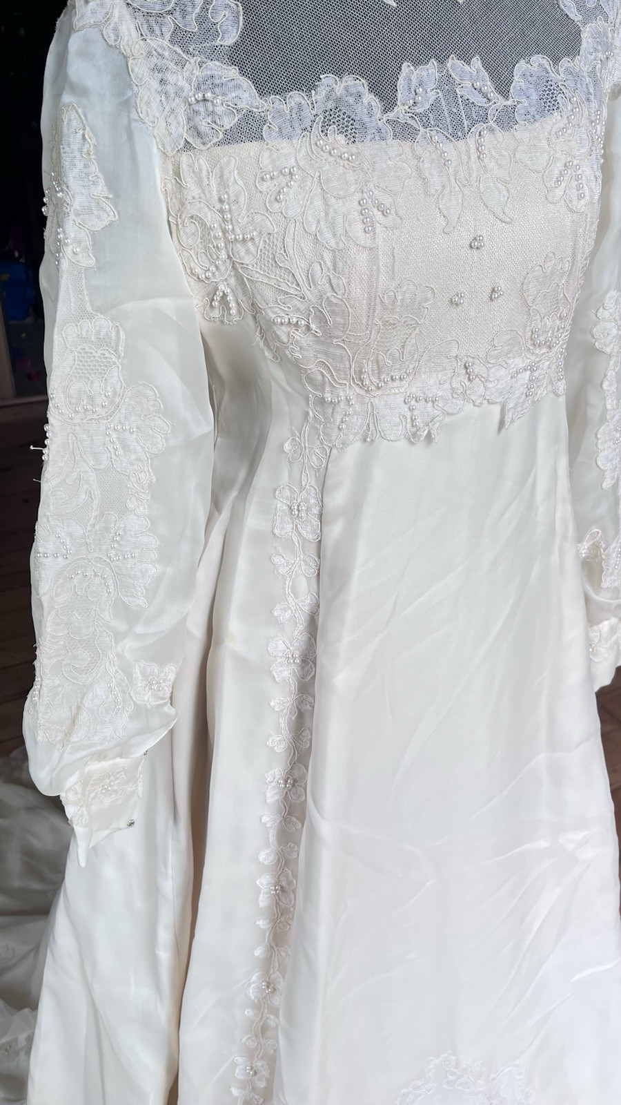Vintage tan high Neck Long Sleeve Lace Beaded A-Line Wedding Dress Train