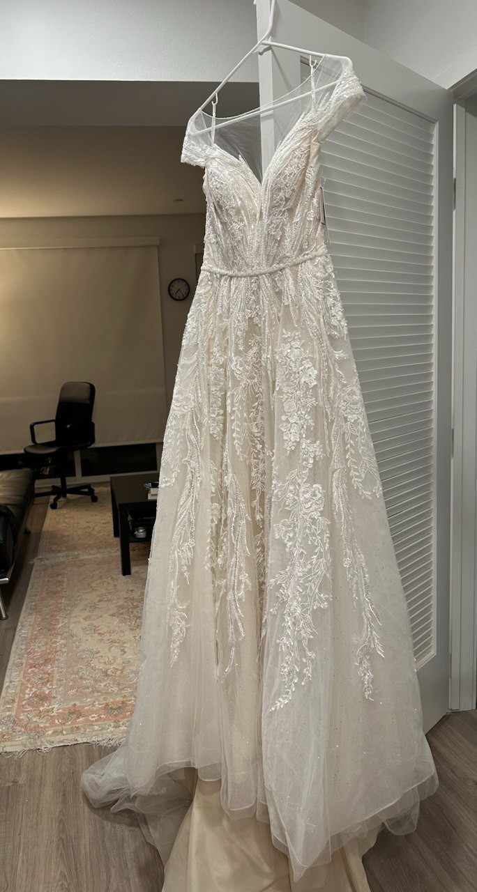 Oleg Cassini Ivory Champagne Wedding Dress Size 4 Off Shoulder Lace Tulle Bridal