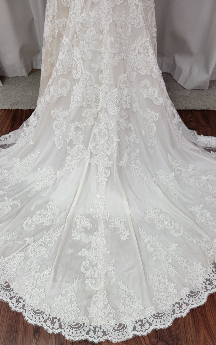 Blu Morilee Bridal 5415 Wedding Dress Sheath Fit Flare Fitted Beach V Neck Lace