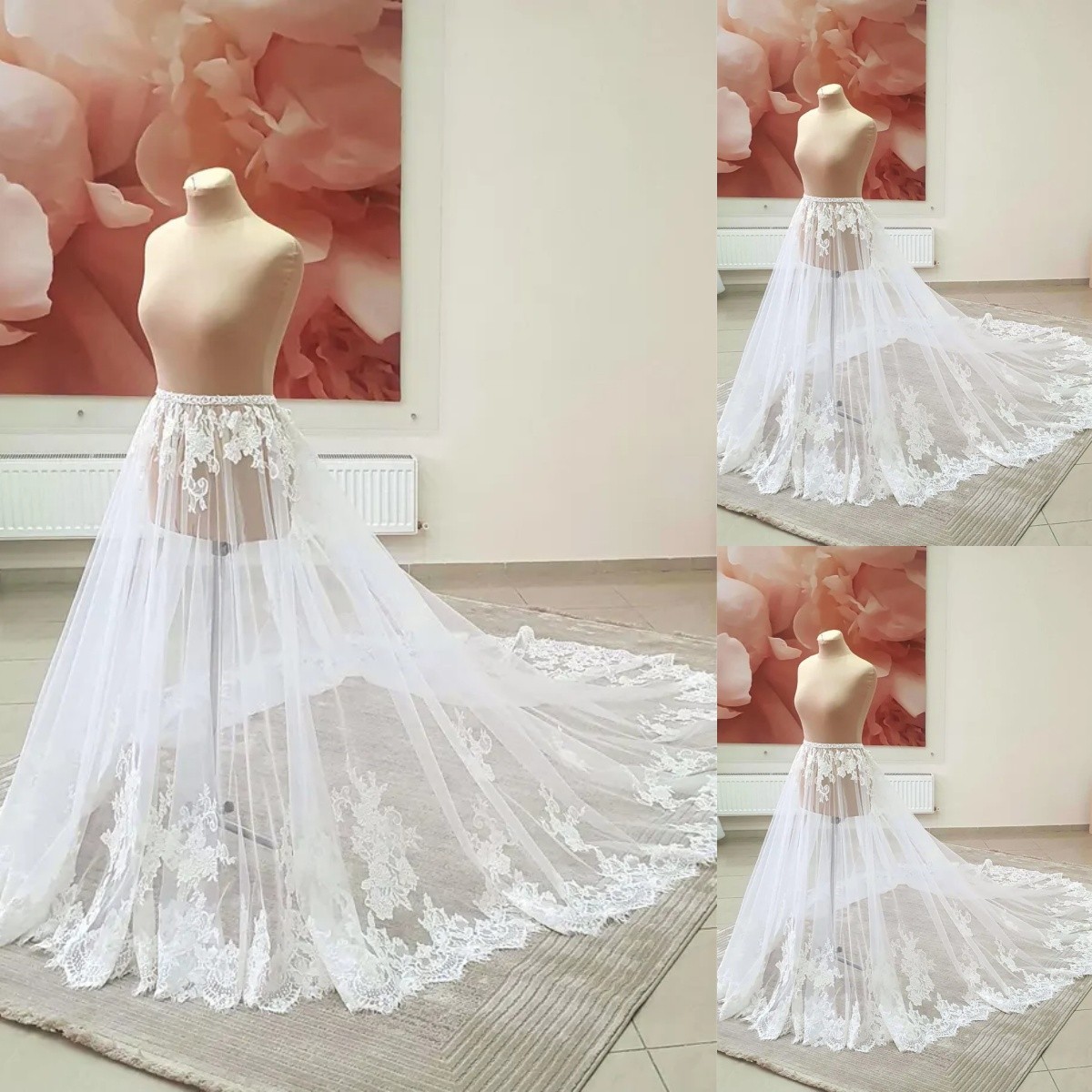 Beach Wedding Detachable Train White Ivory Lace Bridal Removable Overskirt