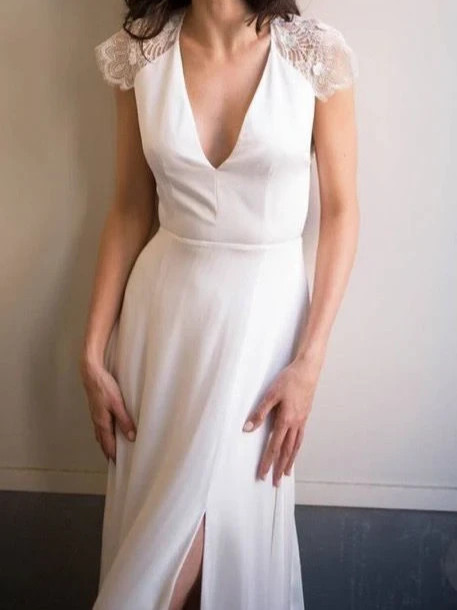 Alexandra Grecco Arlington Wedding Gown 10 Satin Chiffon Off White Lace Sleeves