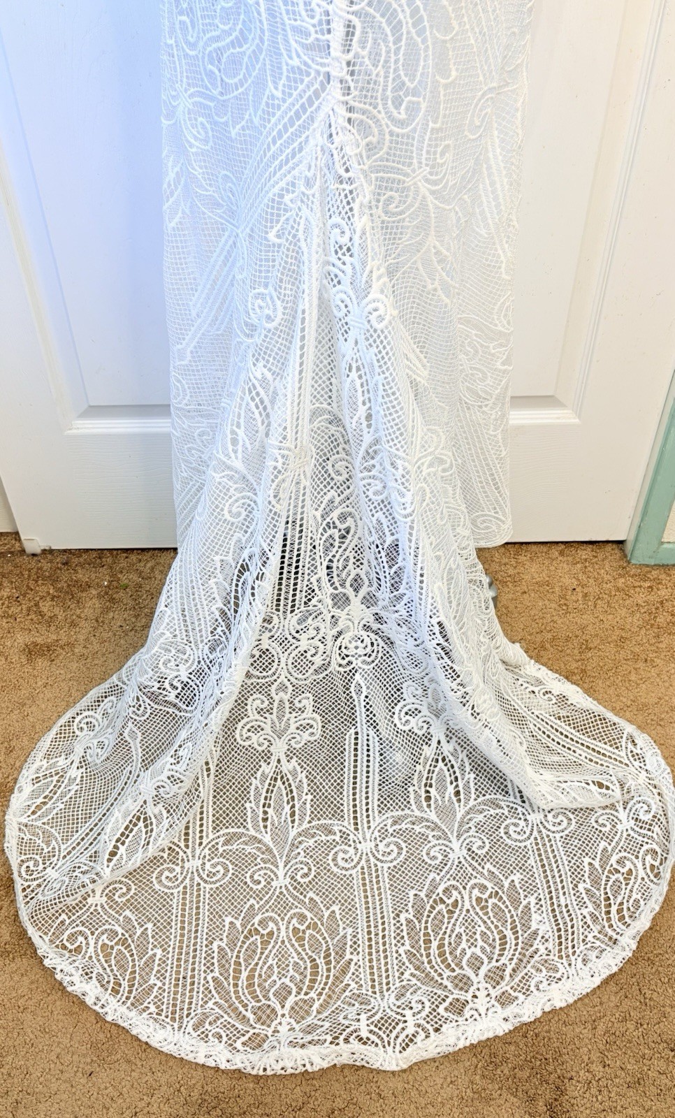Gorgeous True White BOHO Beach Coastal Lace Cut Out Wedding Dress With Train~8