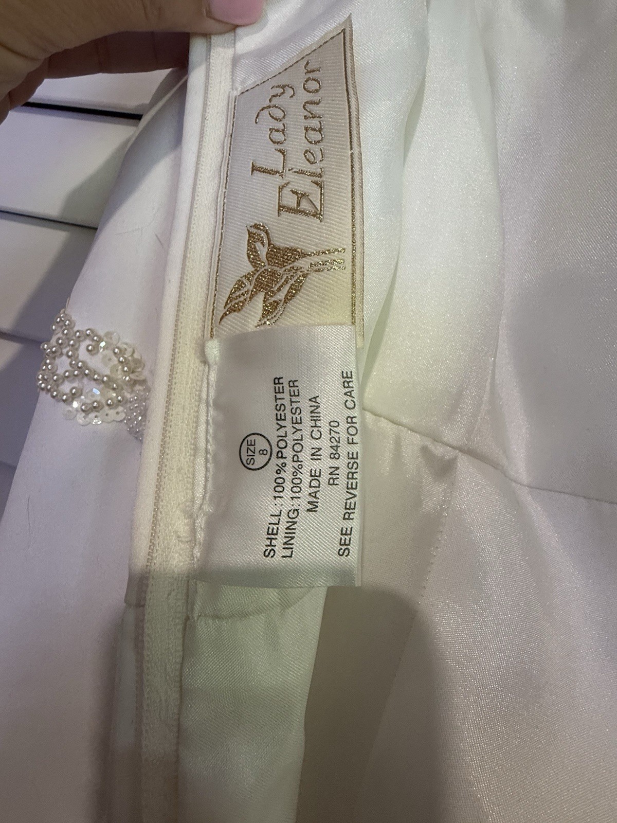 Loral Eleanor Ivory Satin Beaded Pearl Waist Square Neck Column Wedding Dress 8