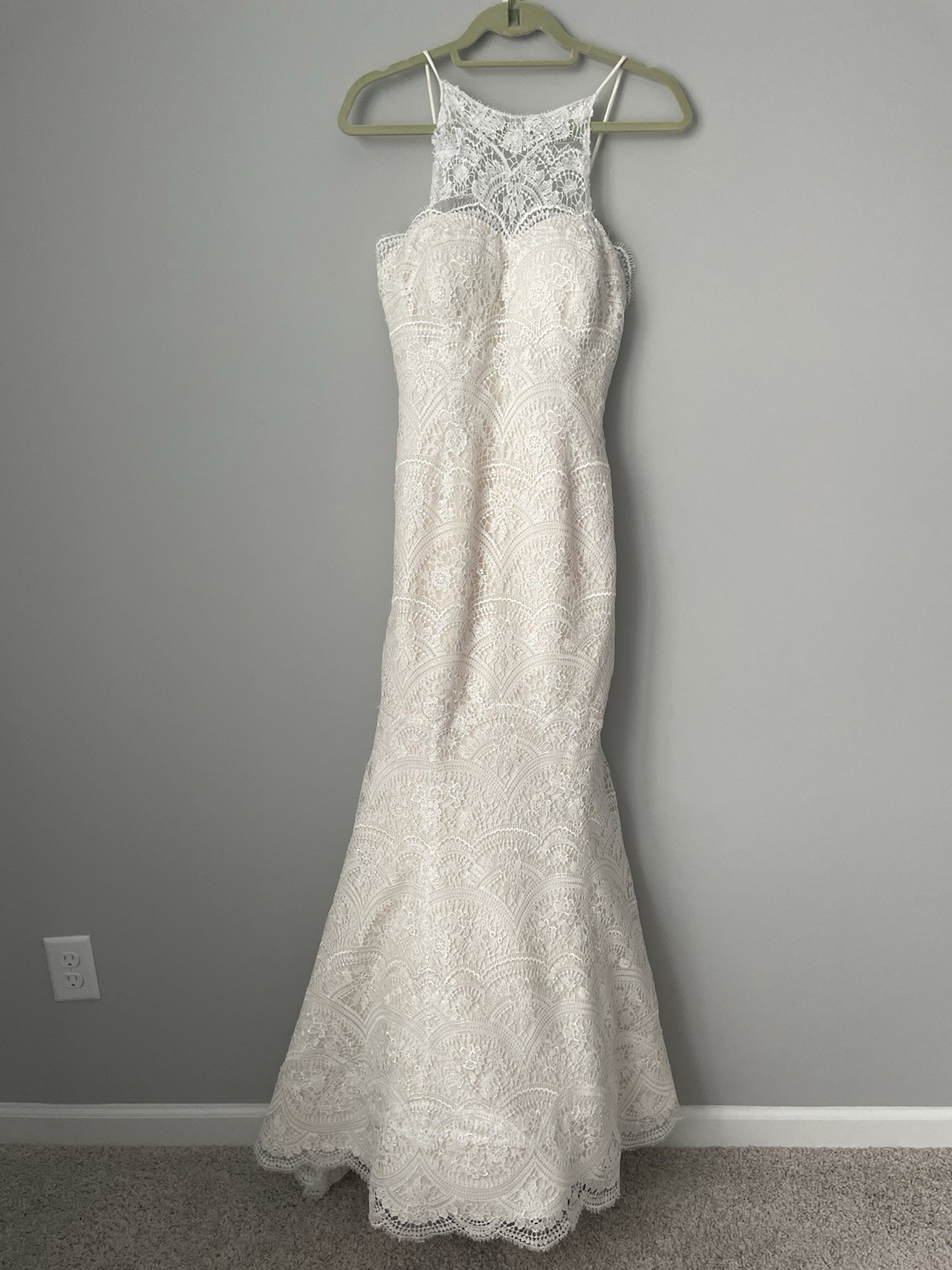 Ivory Lace Wedding Dress High Neck Thin Strap Backless Beach Boho Cottagecore