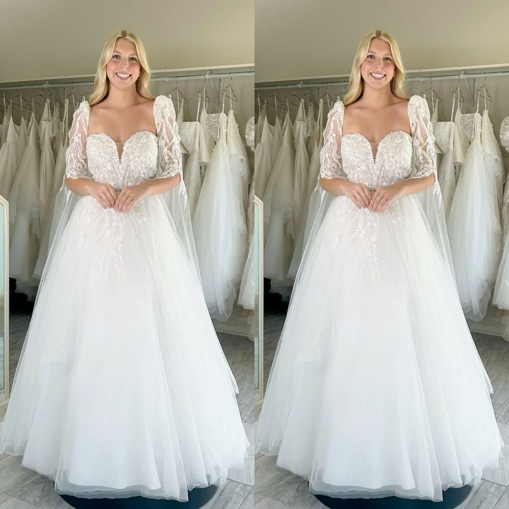 Elegant Wedding Dresses Sweetheart Half Sleeves Lace Appliques Bridal Gown