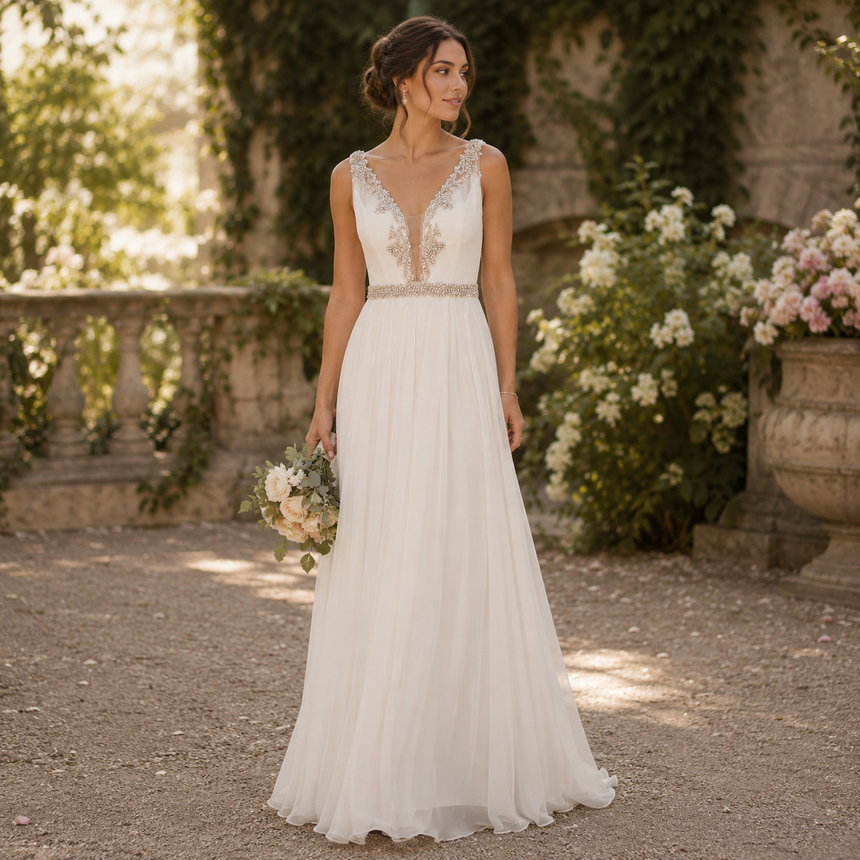 Nina Canacci Beach Wedding Dress White Full Length Illusion Neck Crystals Size 6