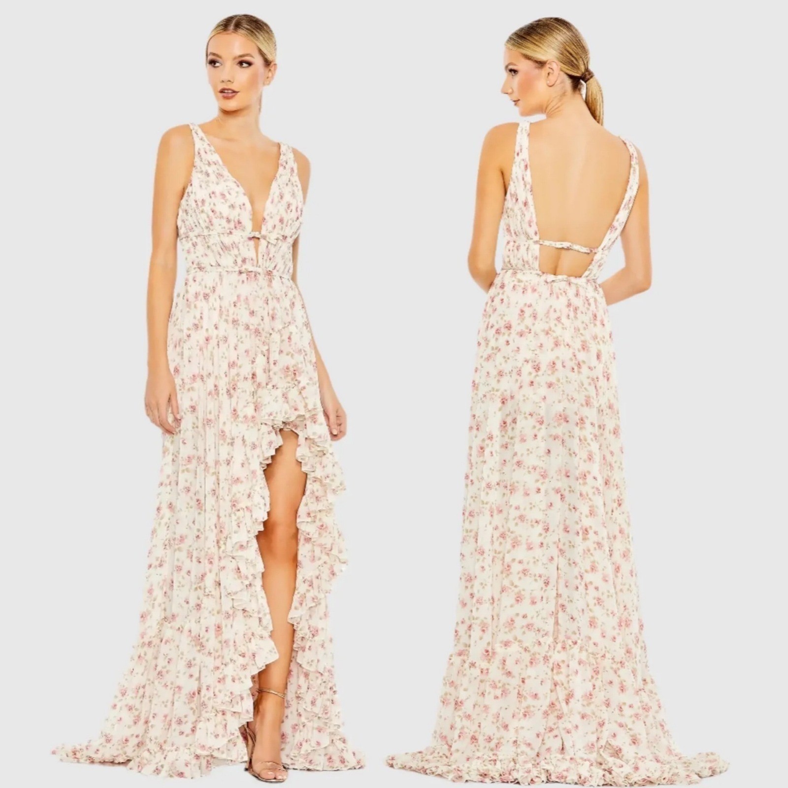 Mac Duggal 50659 size 8 Pink Floral Maxi Dress Ruffle Tiered Plunge Formal Dress