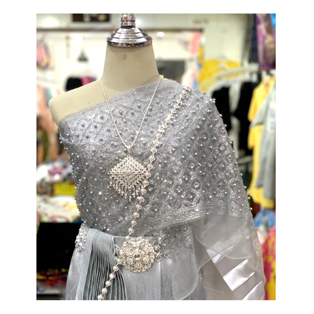 Chud Thai Traditional Wedding Dress Cloth Skirt # F Silver Gray Accessories