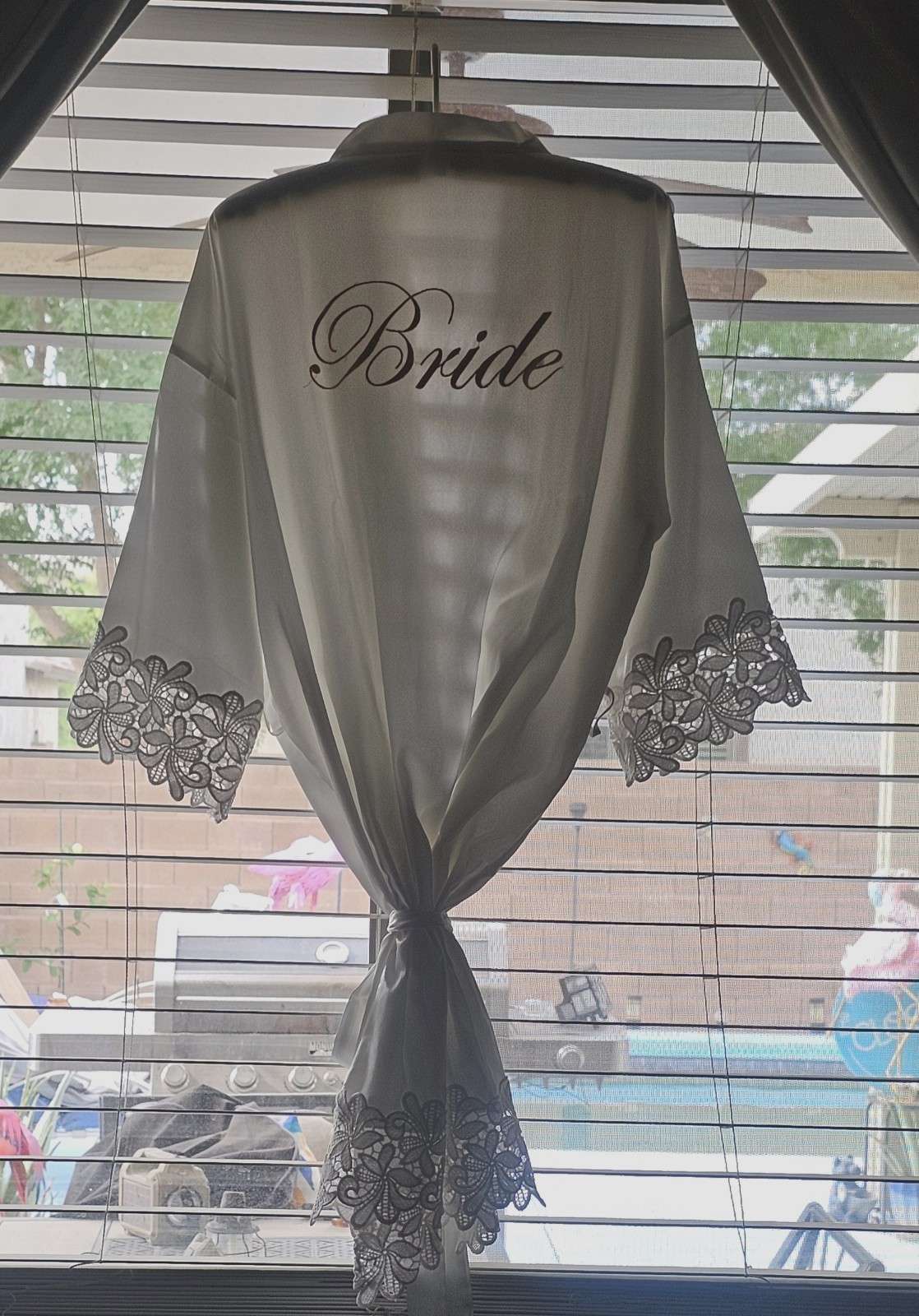Bride Robe White Satin And Lace Like Matierial Wrape Around Gold Stitch Letters