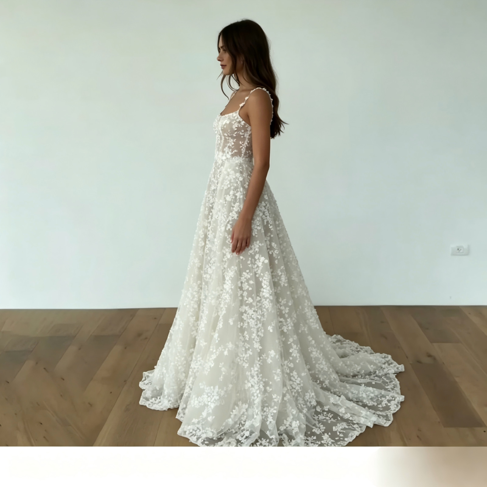 Square Neck Wedding Dress 3D Floral Lace Illusion Bodice Sweep Train Bridal Gown