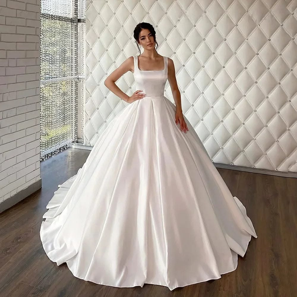 Simple Wedding Dresses Square Neck Satin A Line Sweep Train Ball Bridal Gowns